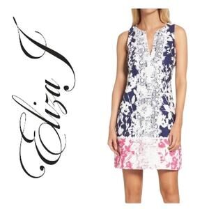 Eliza J Floral Embroidered Lace Trim V-Neck Sleeveless Sheath Dress | Size 4